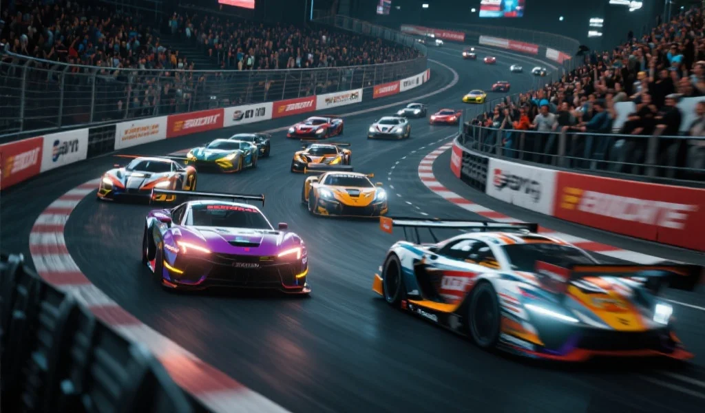 激烈的虚拟赛车比赛现场，多辆炫酷赛车在弯道疾驰，观众席上氛围热烈