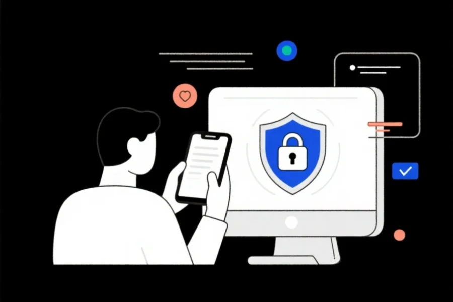 简洁的信息安全插画，表现用户通过手机和电脑安全访问互联网，配有锁和盾牌等安全元素