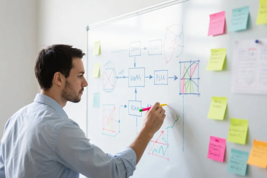 一位策略师正在白板上制定个性化的参与策略